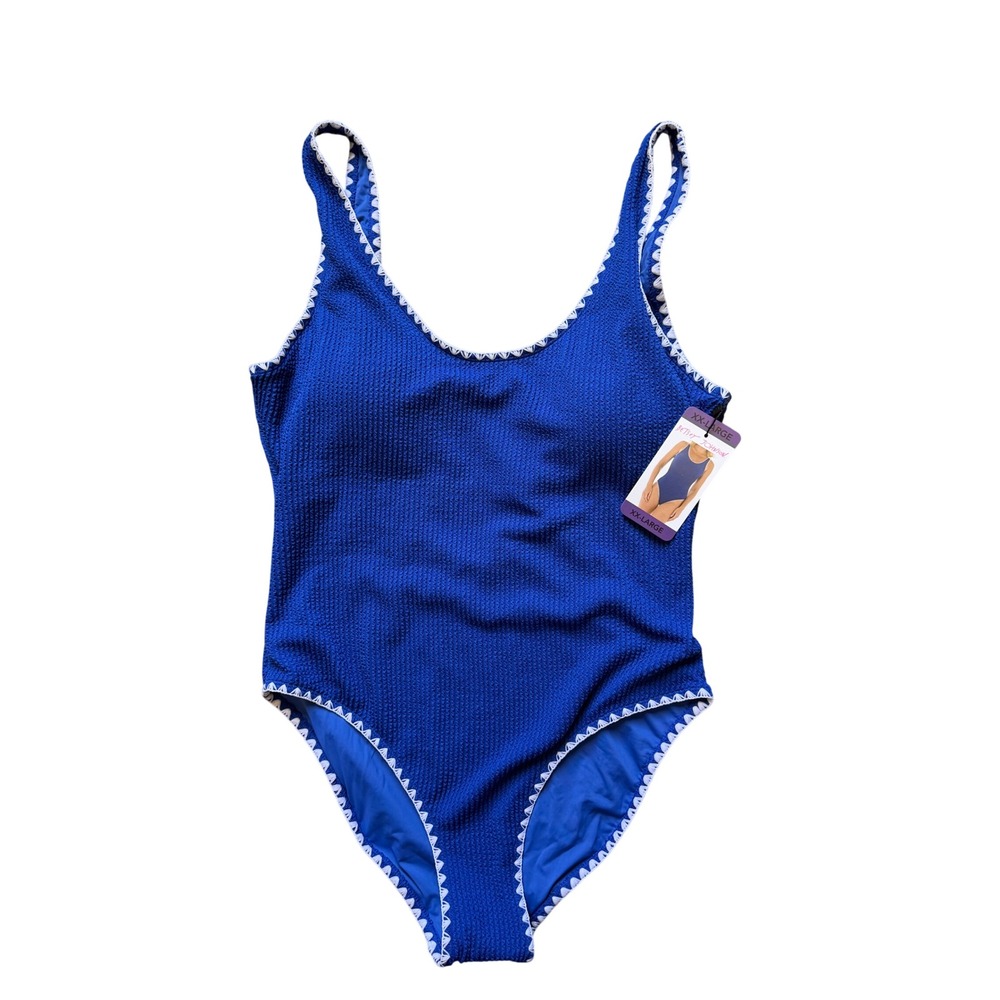 Blue Textured Smocked One Piece Swimsuit UPF 50 Scallop Trim XXL New